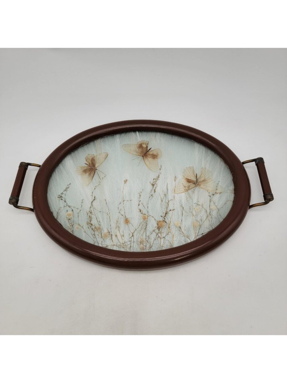 Antique Victorian Pressed Flowers & Butterflies Oval Wood Serving Tray w/ Glass